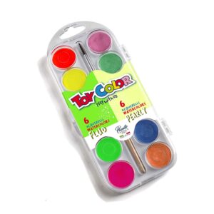 Toy Color - Watercolour Pallet & Paint Brush - Fluorecent + Pearly 12 Colours