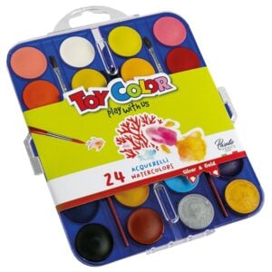 Toy Color - Watercolour Pallet & 2 Paint Brushes - Titanium & Gluten-Free - 2 Metallic + 22 Colours